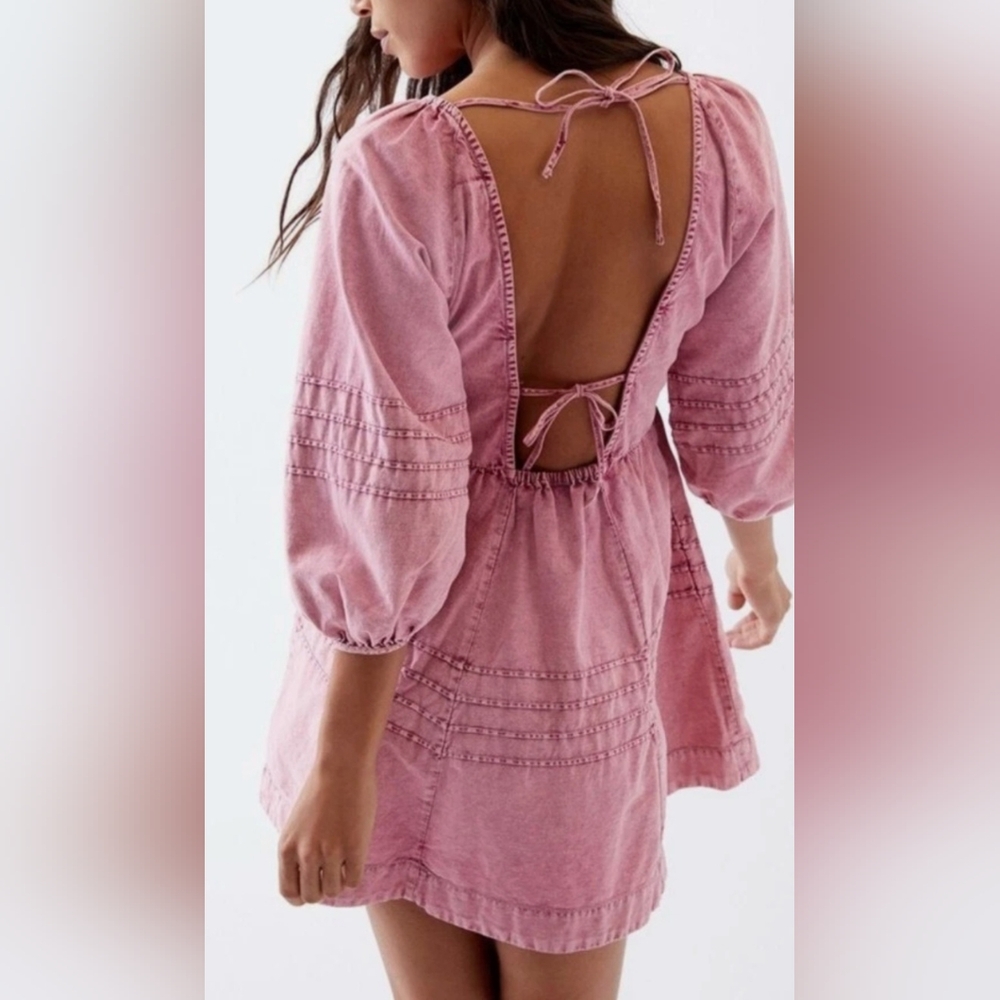 Free People NWOT Sweet Surrender Denim Acid Wash Mini Pink Dress Small - Picture 5 of 6
